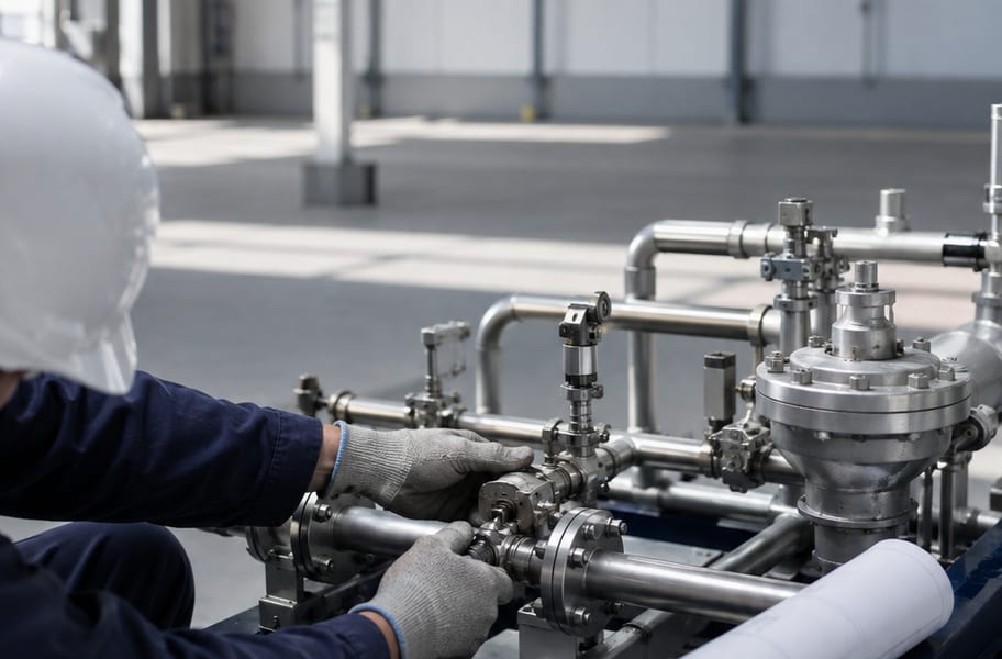 Teknisi bersafety helmet merakit perpipaan stainless steel dan valve pada skid sistem.