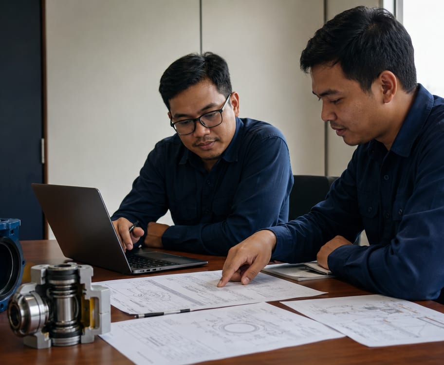 Dua engineer METITO meninjau gambar teknis dan spesifikasi komponen pompa bersama pelanggan.